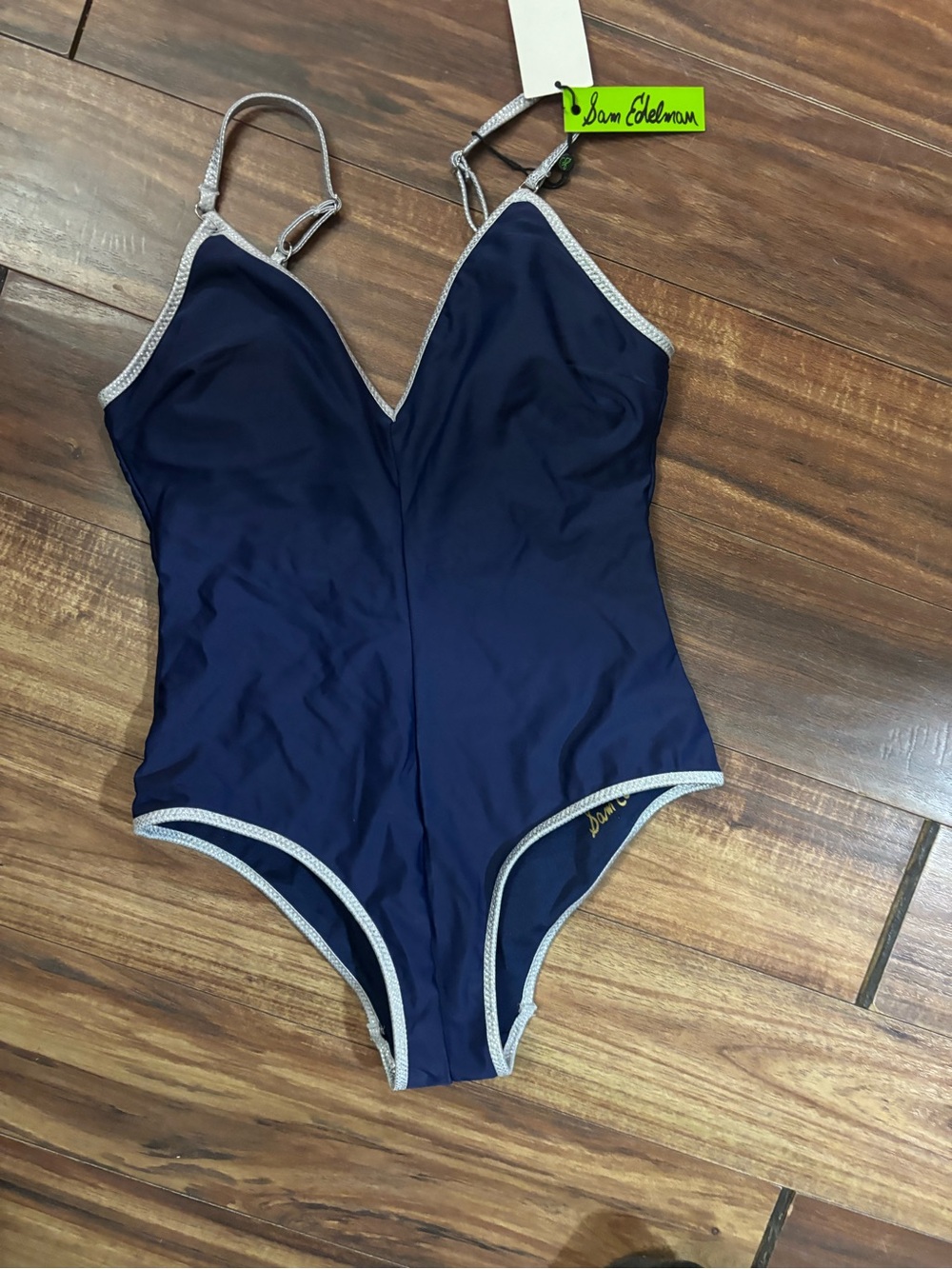 Sam Edelman small navy blue gray trim luxury resortwear one piece swimsuit BNWT